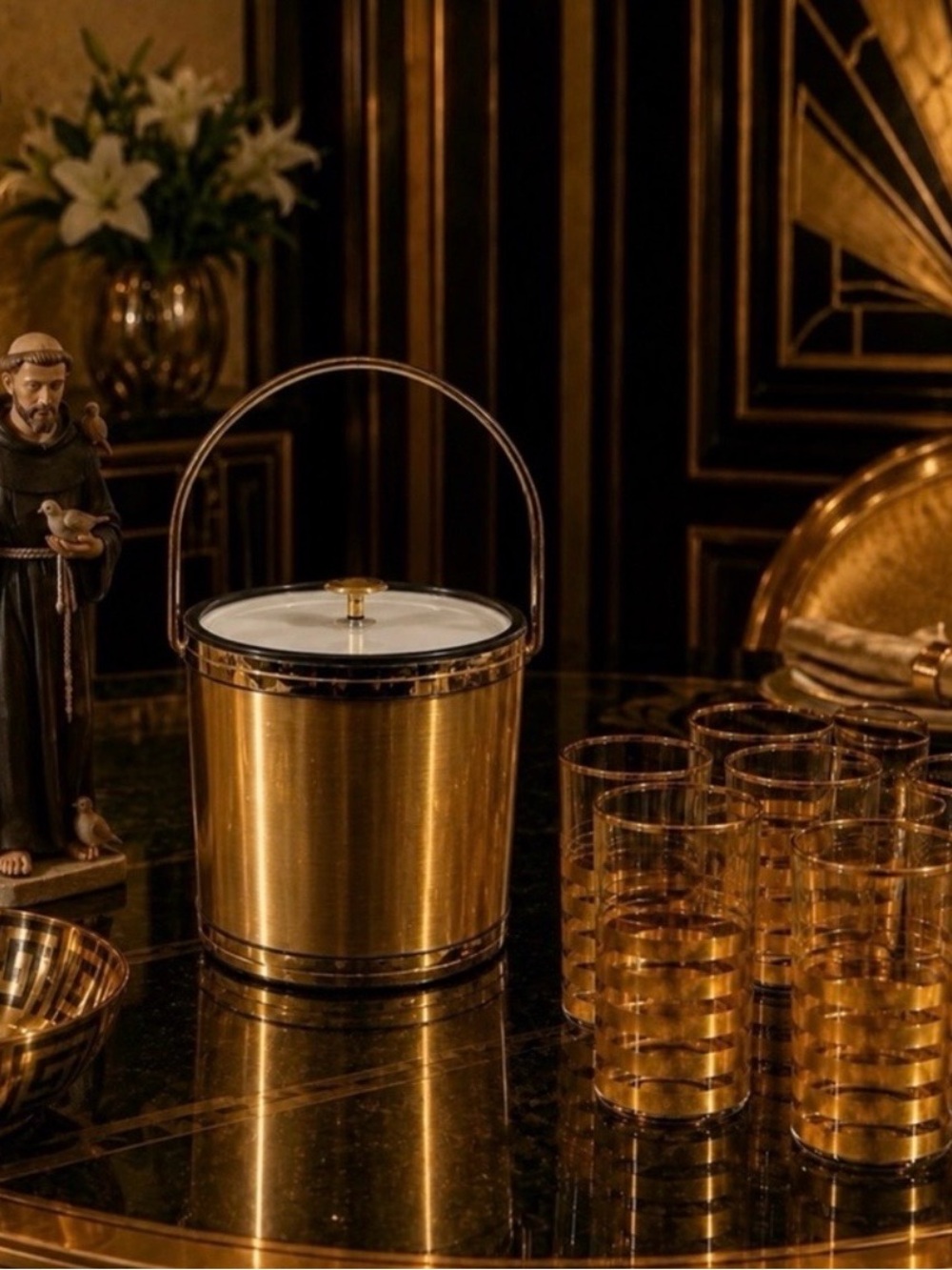 Mid-Century Modern Vintage Gold Ice Bucket Elegance Kraftware NJ Fine Art Deco